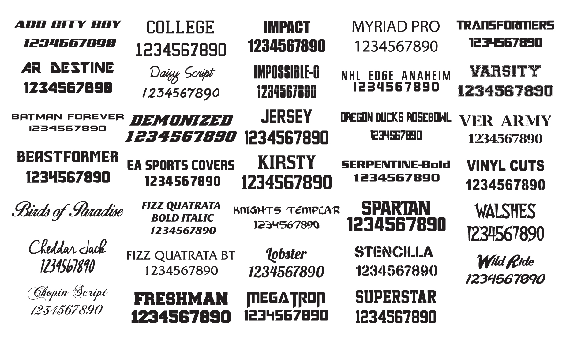 Font Options - Custom Design Resources - Primetime Sports Apparel